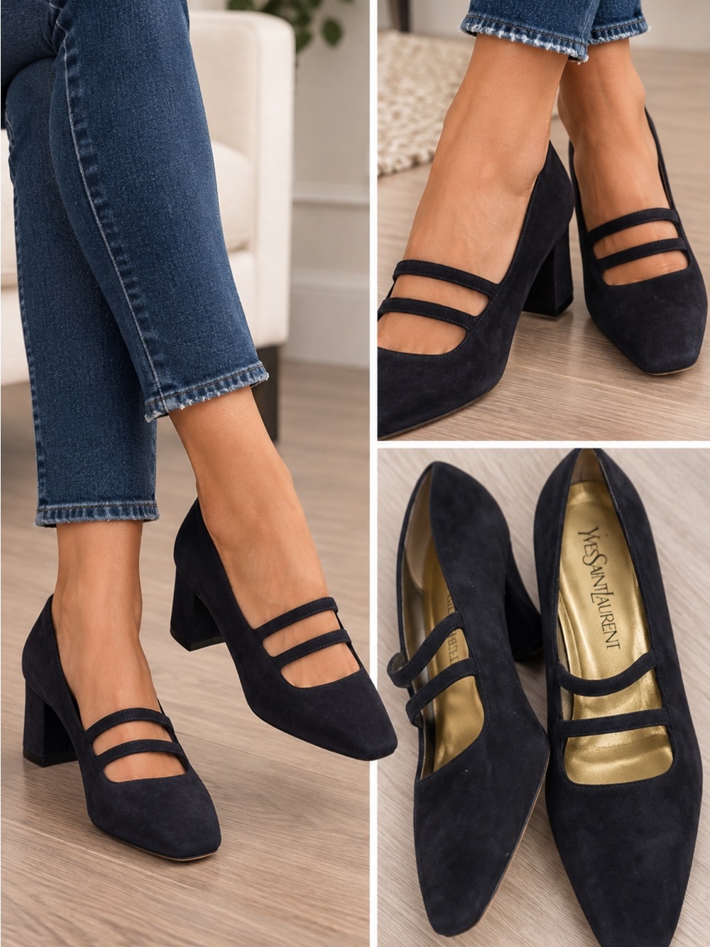 Yves Saint Laurent Navy Suede Mary Jane Block Heel Pumps
